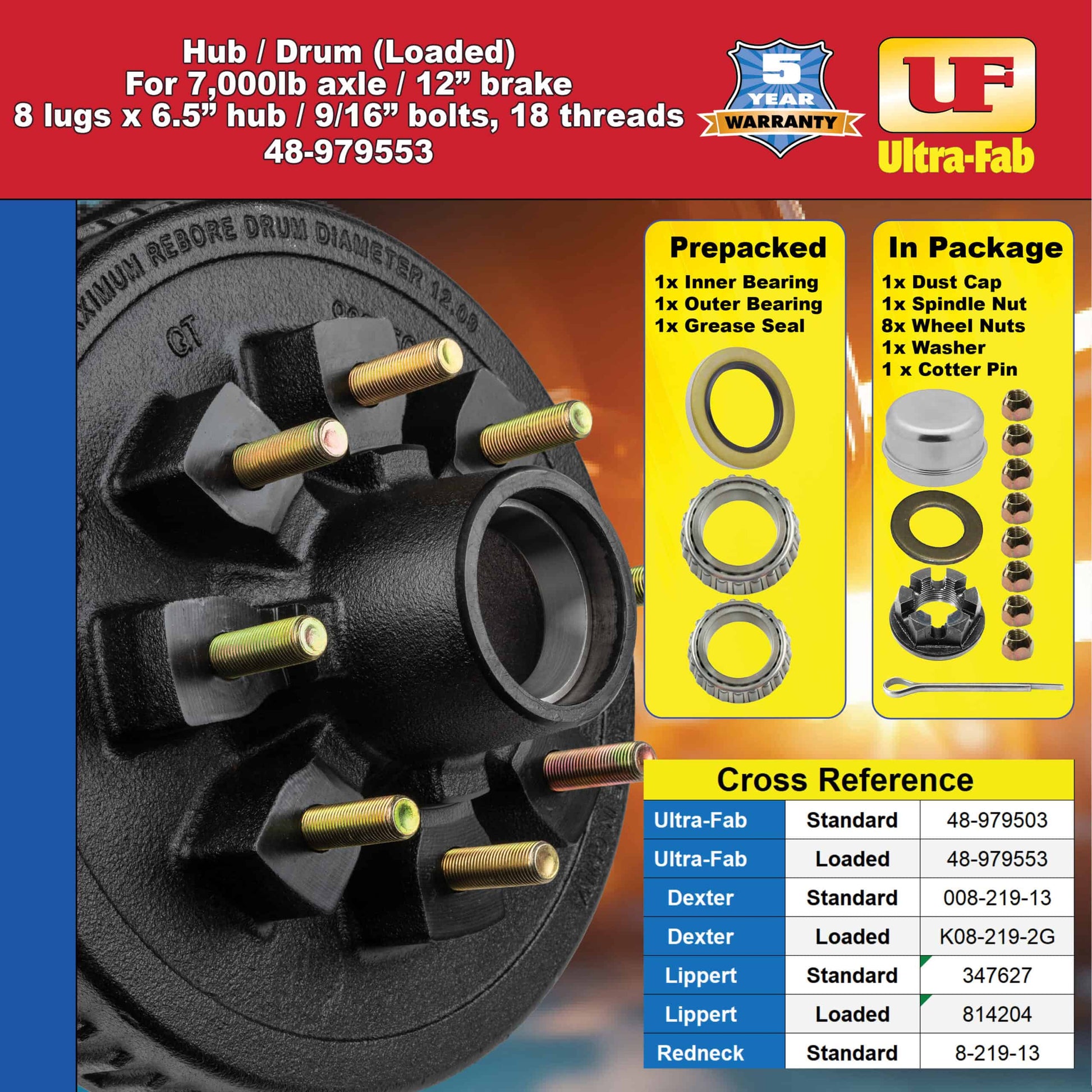 Hub/Drum Assembly - Loaded (7,000 lb. capacity, 8 lug, 6.5", 9/16"-18, for 12" Brake) (48-979553) image 3