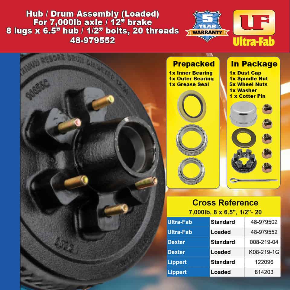 Hub/Drum Assembly - Loaded (7000 lb. capacity, 8 lug, 6.5", 1/2"-20, for 12" Brake) (48-979552) image 3
