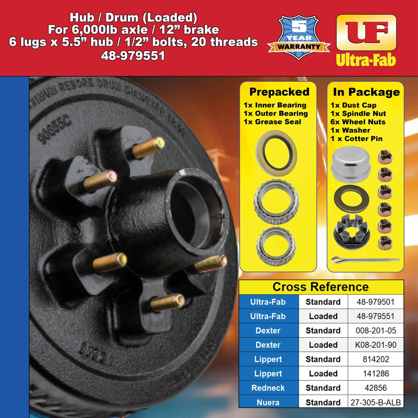 Hub/Drum Assembly - Loaded (6,000 lb. capacity, 6 lug, 5.5", 1/2"-20, for 12" Brake) (48-979551) image 3