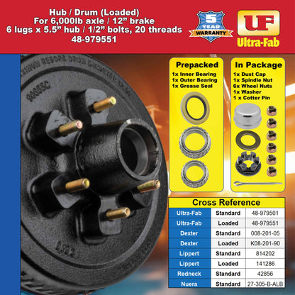 Hub/Drum Assembly - Loaded (6,000 lb. capacity, 6 lug, 5.5", 1/2"-20, for 12" Brake) (48-979551) image 3