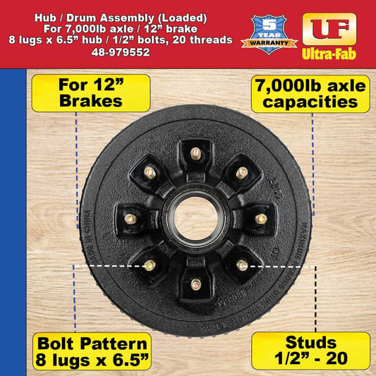 Hub/Drum Assembly - Loaded (7000 lb. capacity, 8 lug, 6.5", 1/2"-20, for 12" Brake) (48-979552) image 4