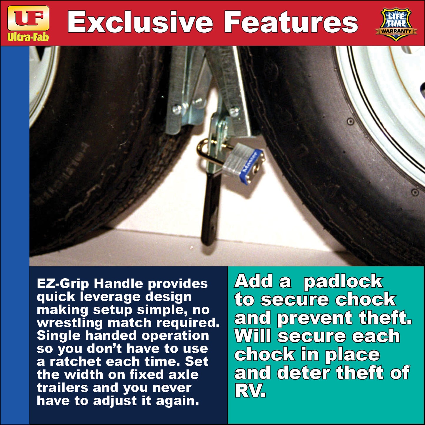 Ultra-Fab Chock & Lock – 1-Pack, Heavy-Duty RV Wheel Stabilizer (21-001060)