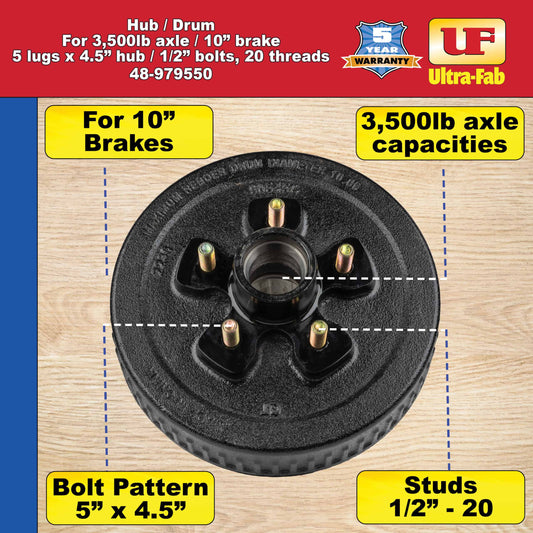 Hub/Drum Assembly - Loaded (3,500 lb. capacity, 5 lug, 4.5", 1/2"-20, for 10" Brake) (48-979550) image 4