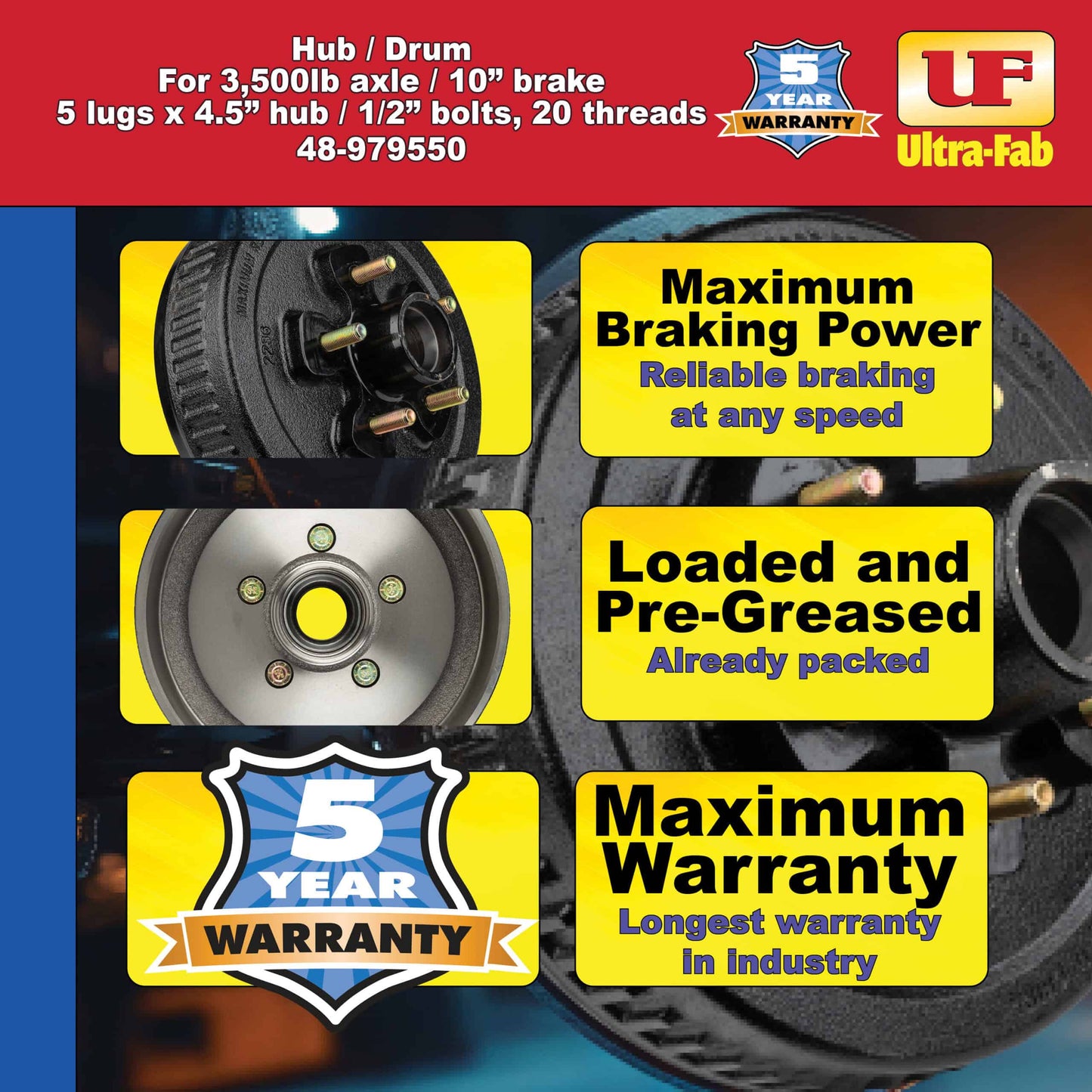 Hub/Drum Assembly - Loaded (3,500 lb. capacity, 5 lug, 4.5", 1/2"-20, for 10" Brake) (48-979550) image 2